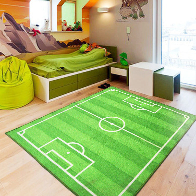 Green Football Field Pattern Carpet Polyester Kids Carpet Stain Resistant Non-Slip Pet Friendly Carpet for Boys Room