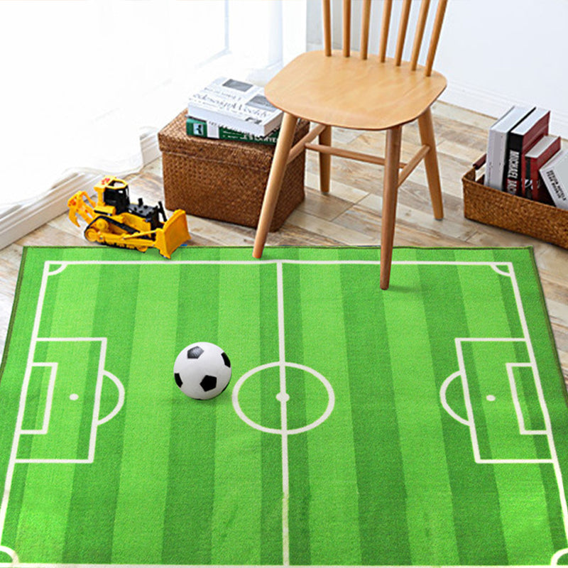 Green Football Field Pattern Carpet Polyester Kids Carpet Stain Resistant Non-Slip Pet Friendly Carpet for Boys Room