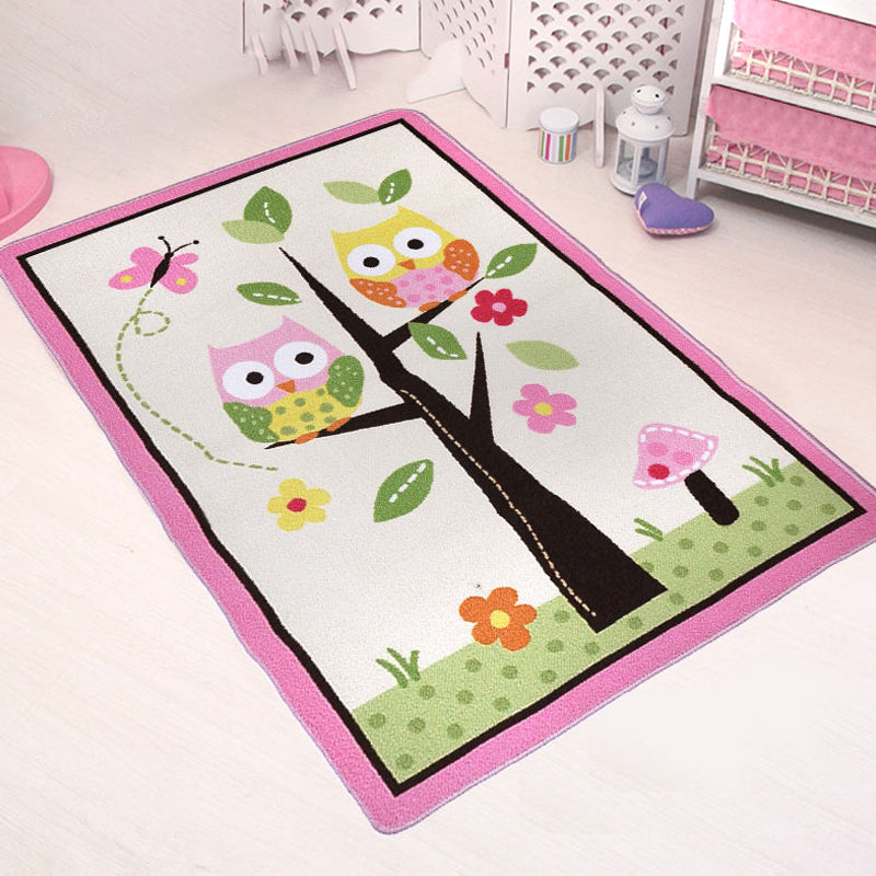 Pink Owl Drawing Print Carpet Polyester Cartoon Carpet Anti-Slip Bottom Machine Washable Pet Friendly Area Rug for Kids Room