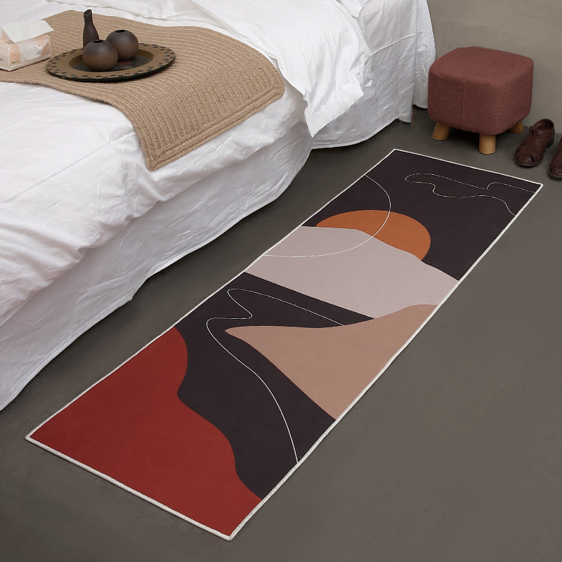 Artistic Sunrise Landscape Pattern Rug Black Modern Rug Synthetic Non-Slip Backing Washable Pet Friendly Carpet for Bedroom