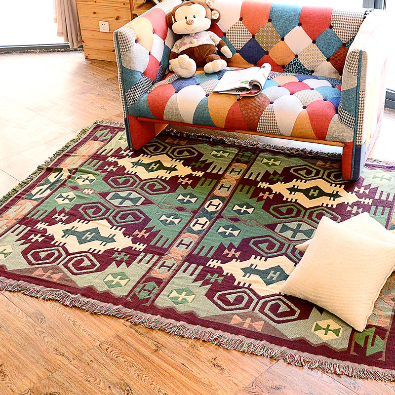 Retro Country Style Carpet Green Geometric Woven Carpet Pet Friendly Carpet for the Living Room