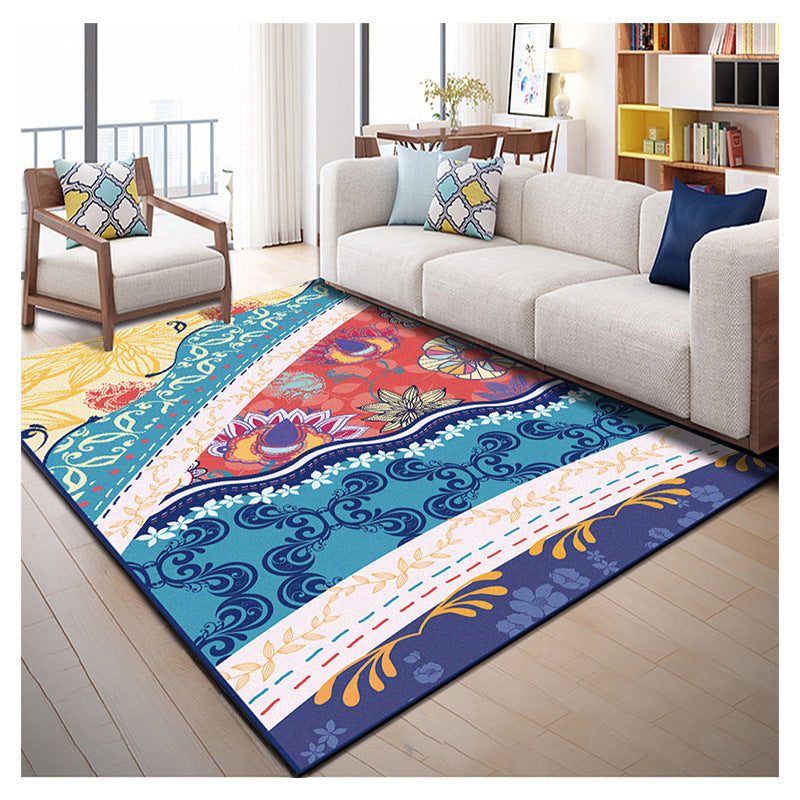 Indian Patterned Rug Multicolored Polyester Rug Machine Washable Pet Friendly Non-Slip Underlay Rug for Room