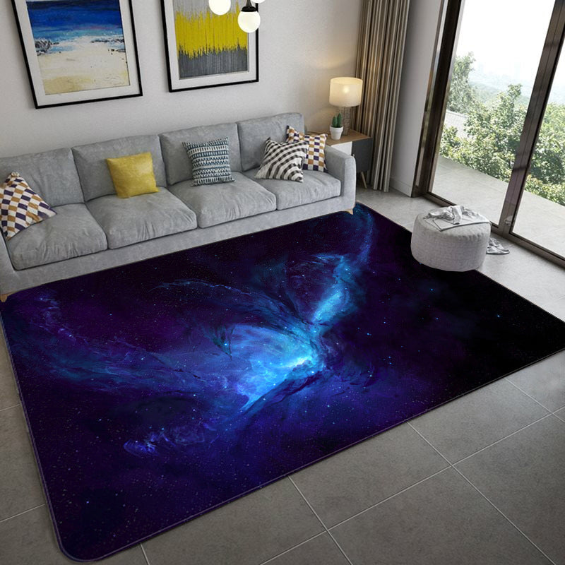 Mystical Galaxy 3D Graphic Rug Blue-Black Polypropylene Rug Non-Slip Underlay Washable Stain-Resistant Rug for Living Room