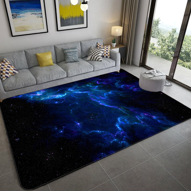 Mystical Galaxy 3D Graphic Rug Blue-Black Polypropylene Rug Non-Slip Underlay Washable Stain-Resistant Rug for Living Room