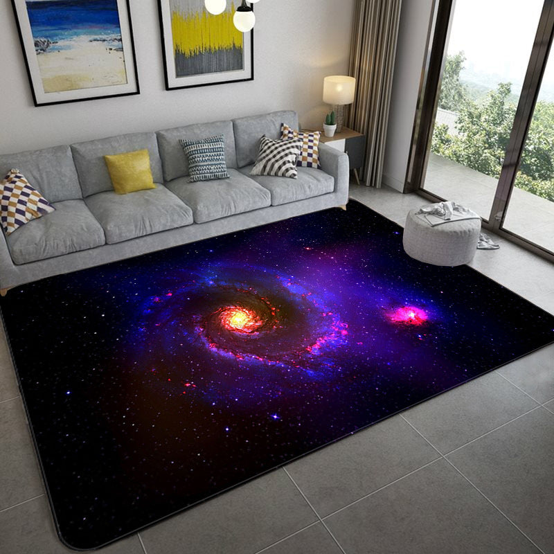Mystical Galaxy 3D Graphic Rug Blue-Black Polypropylene Rug Non-Slip Underlay Washable Stain-Resistant Rug for Living Room
