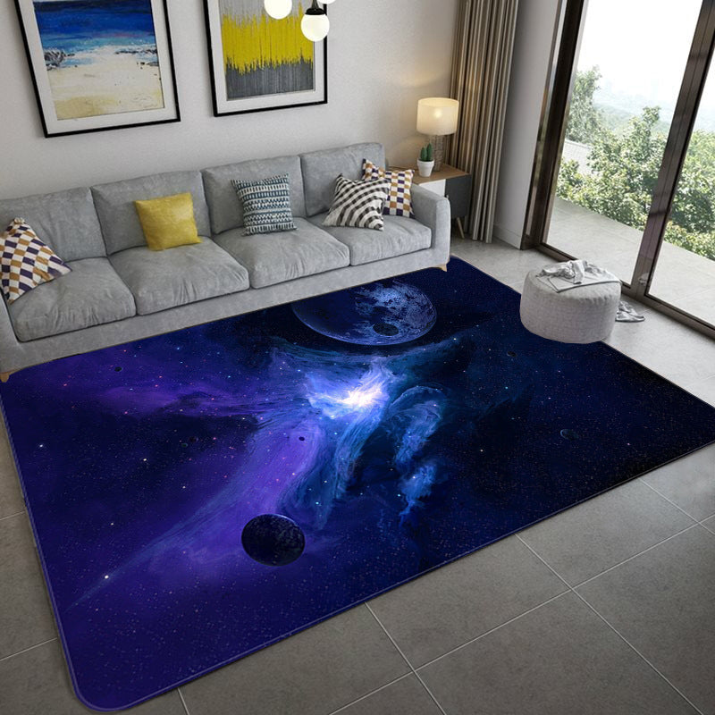 Mystical Galaxy 3D Graphic Rug Blue-Black Polypropylene Rug Non-Slip Underlay Washable Stain-Resistant Rug for Living Room