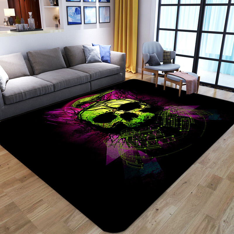Punk Abstract Skull Print Rug Black Novelty Rug Synthetic Stain Resistant Machine Washable Non-Slip Back Rug for Living Room