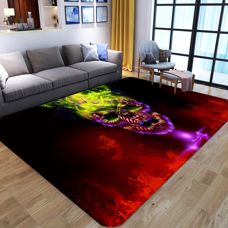 Punk Abstract Skull Print Rug Black Novelty Rug Synthetic Stain Resistant Machine Washable Non-Slip Back Rug for Living Room