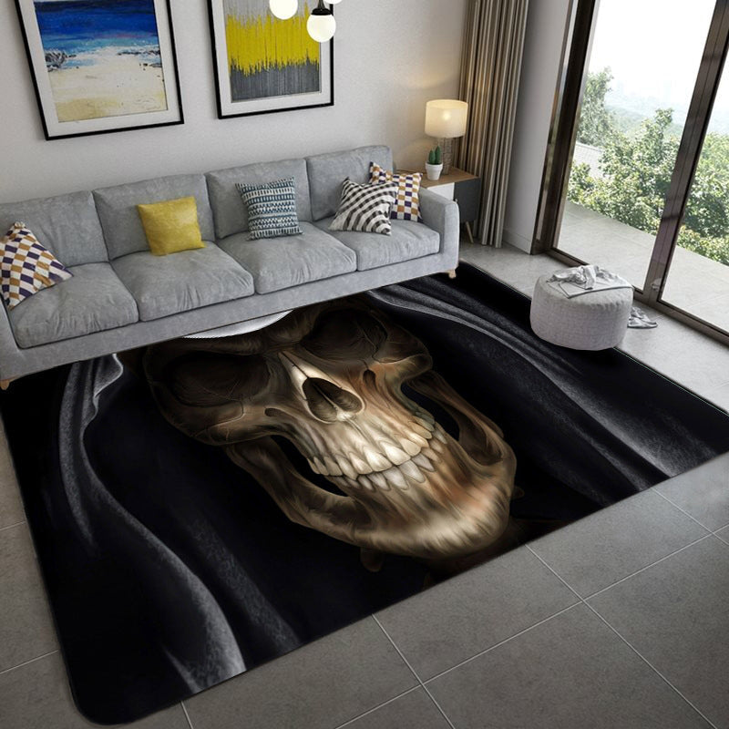 Hip Hop Living Room Rug Black Optical Illusions Skull Rug Polypropylene Stain Resistant Pet Friendly Non-Slip Back Area Rug