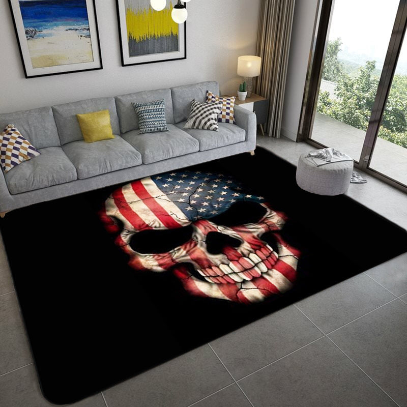 Hip Hop Living Room Rug Black Optical Illusions Skull Rug Polypropylene Stain Resistant Pet Friendly Non-Slip Back Area Rug