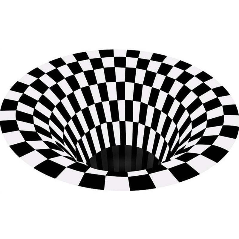 Decorative Black-White Modern Carpet Polyester 3D Trick Art Checked Pattern Carpet Stain-Resistant Non-Slip Backing Washable Carpet for Home