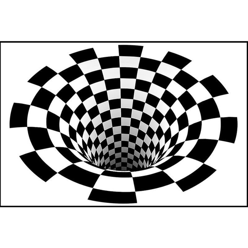 Interesting Novelty Dress Black-White 3D Illusion Checkered Fleece Stain-Resistant Pet-Friendly Anti-Slip Background Rug for Bedroom