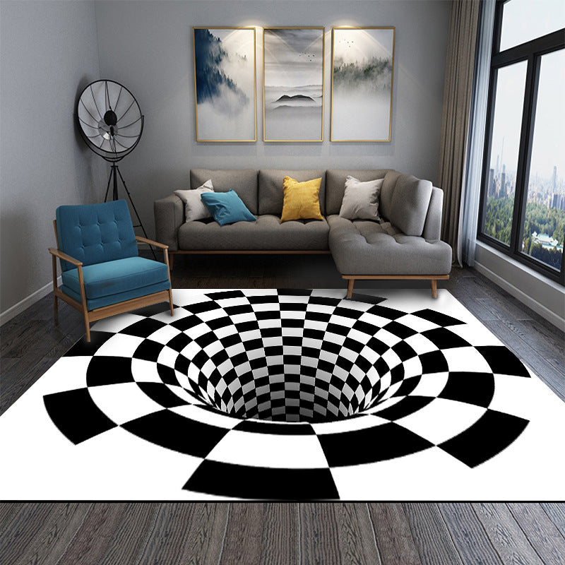 Interesting Novelty Dress Black-White 3D Illusion Checkered Fleece Stain-Resistant Pet-Friendly Anti-Slip Background Rug for Bedroom