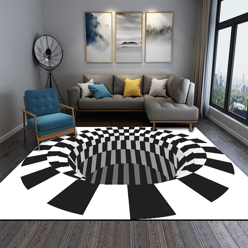 Interesting Novelty Dress Black-White 3D Illusion Checkered Fleece Stain-Resistant Pet-Friendly Anti-Slip Background Rug for Bedroom
