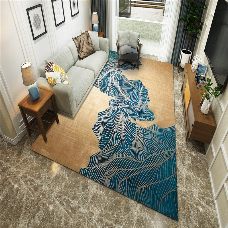 New Chinoiserie Area Rug Multi Colored Abstract Wave Rug Stain Resistant Washable Non-Slip Backing Rug for Lounge