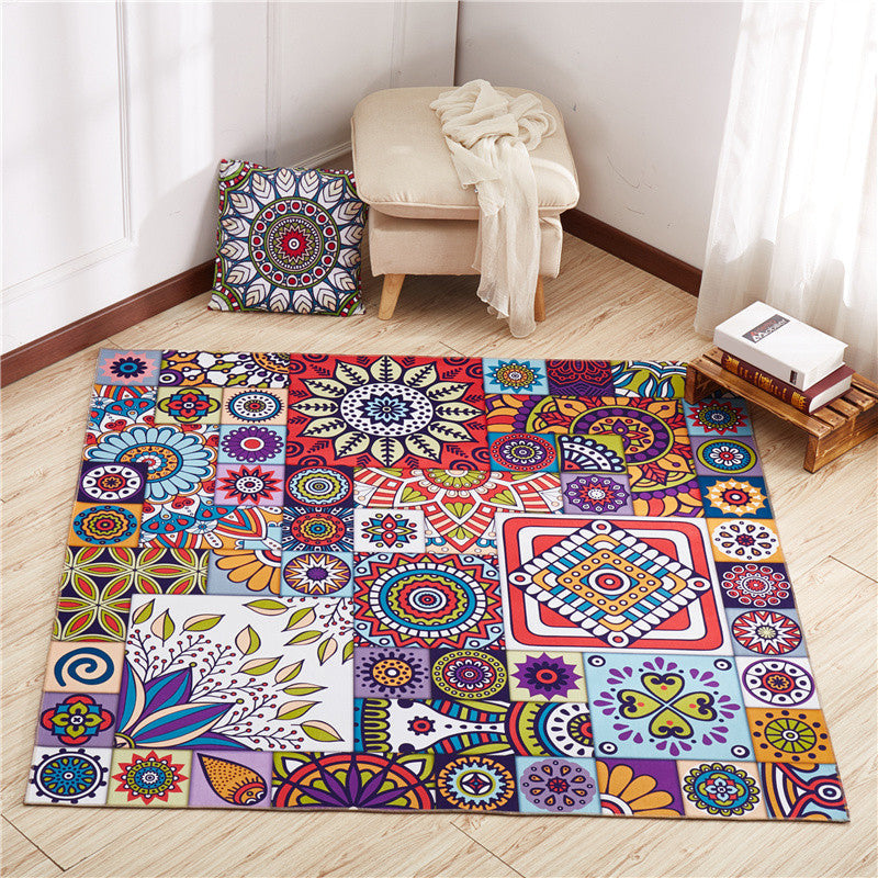 Moroccan Mandala Patchwork Rug Multi-colored Polyester Rug Pet Friendly Non-slip Machine Washable Rug for the Large Room