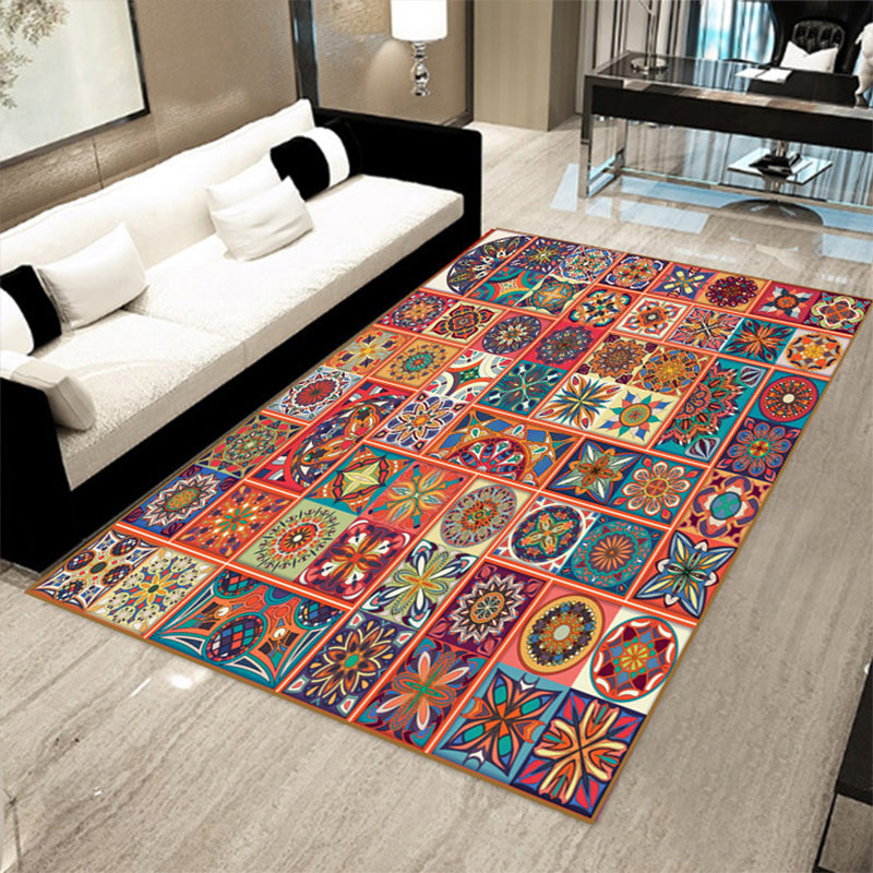 Multicolored floral mosaic print carpet polypropylene Moroccan indoor carpet machine washable non-slip backing pet-friendly carpet for home