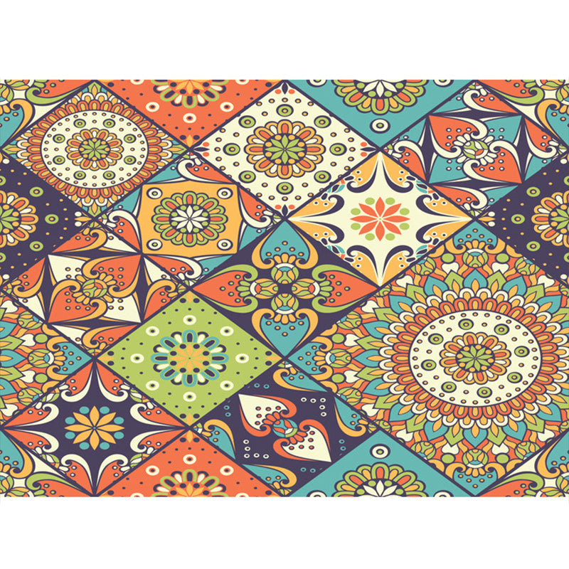 Multicolored floral mosaic print carpet polypropylene Moroccan indoor carpet machine washable non-slip backing pet-friendly carpet for home