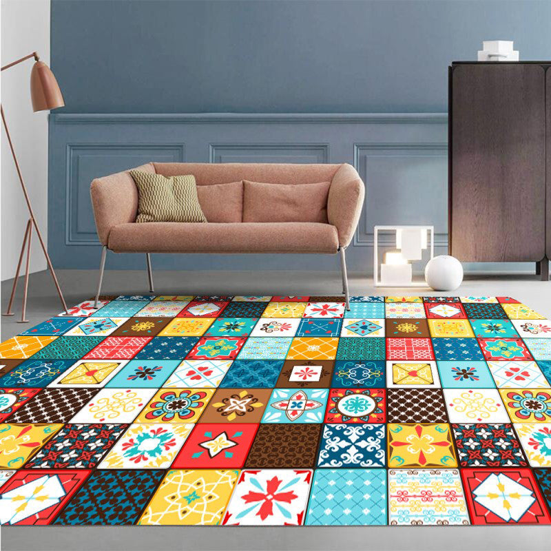 Moroccan Mosaic Print Carpet Multicolored Polyester Rug Non-Slip Back Washable Pet-Friendly Rug for Living Room
