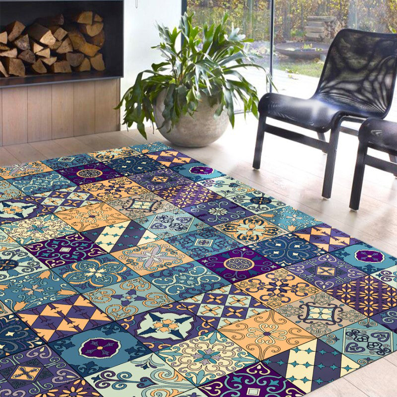 Moroccan mosaic print rug Multicolored polyester rug Non-slip backing Washable pet-friendly rug for the living room