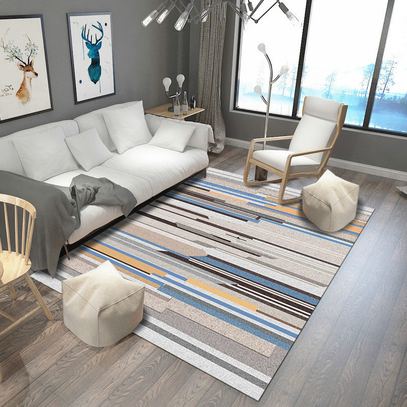 Minimalist Living Room Rug Multicolored Geometric Lines Printed Mat Polypropylene Stain Resistant Non-Slip Pet Friendly Mat