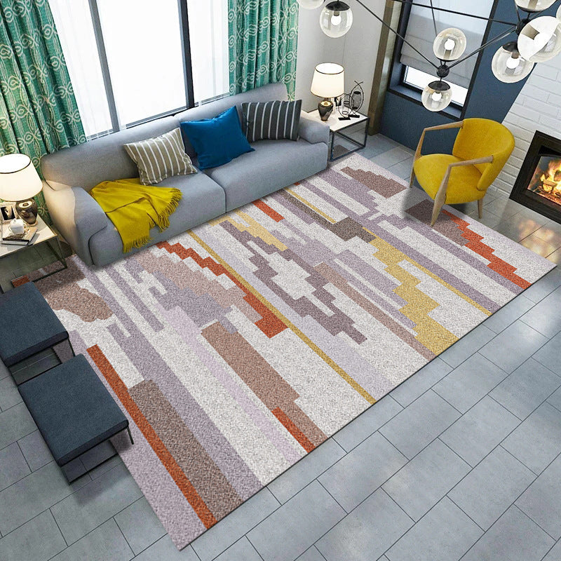 Minimalist Living Room Rug Multicolored Geometric Lines Printed Mat Polypropylene Stain Resistant Non-Slip Pet Friendly Mat