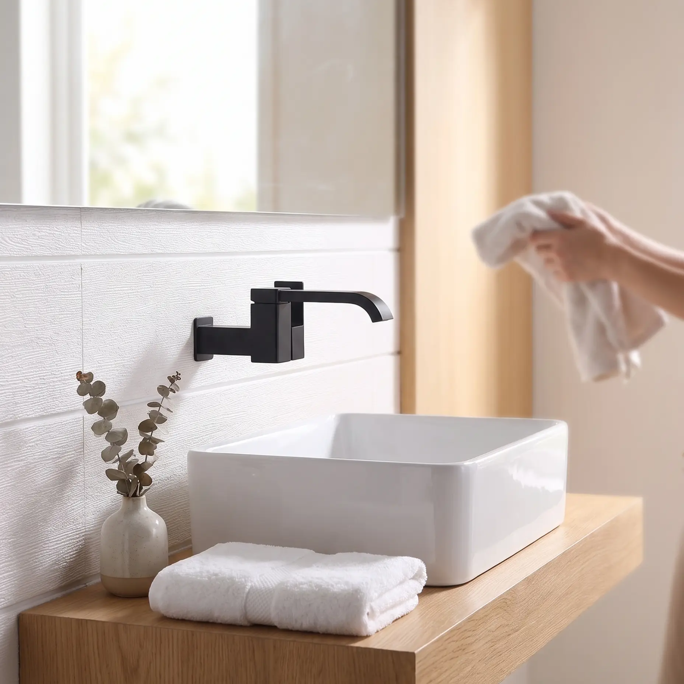 Contemporary Wall Mounted Bathroom Faucet Lever Handles Low Arc Swivel Brass Faucet