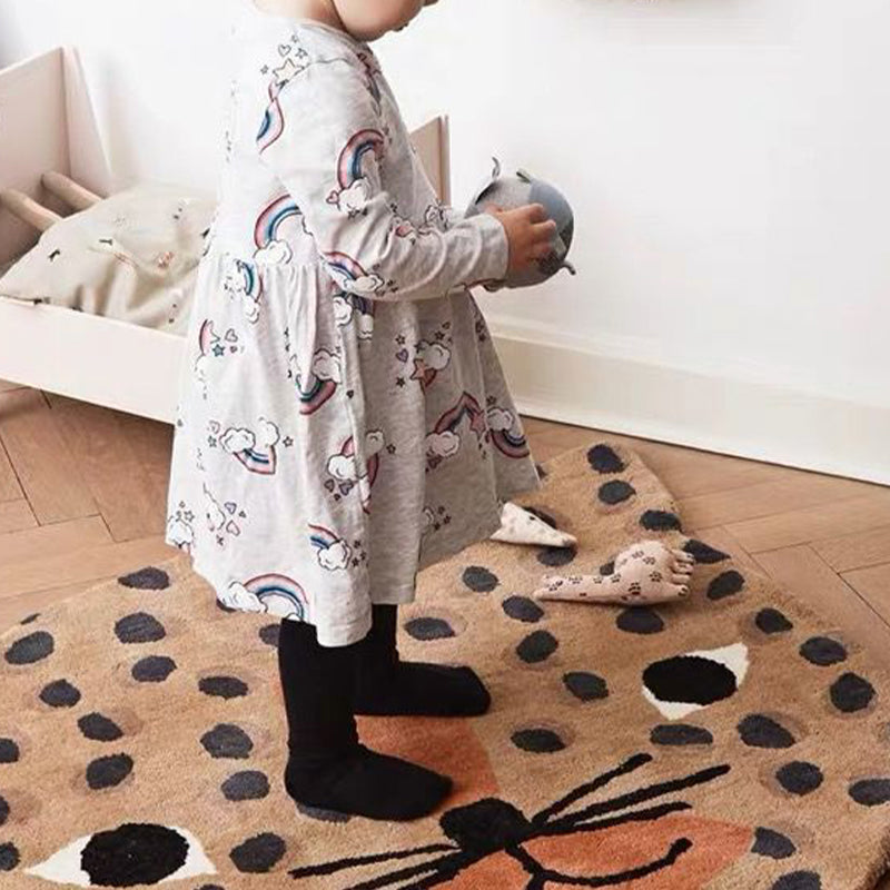 Multicolored animal print rug made of cotton blend, adorable rug for the area, pet-friendly, easy-care rug for the bedroom