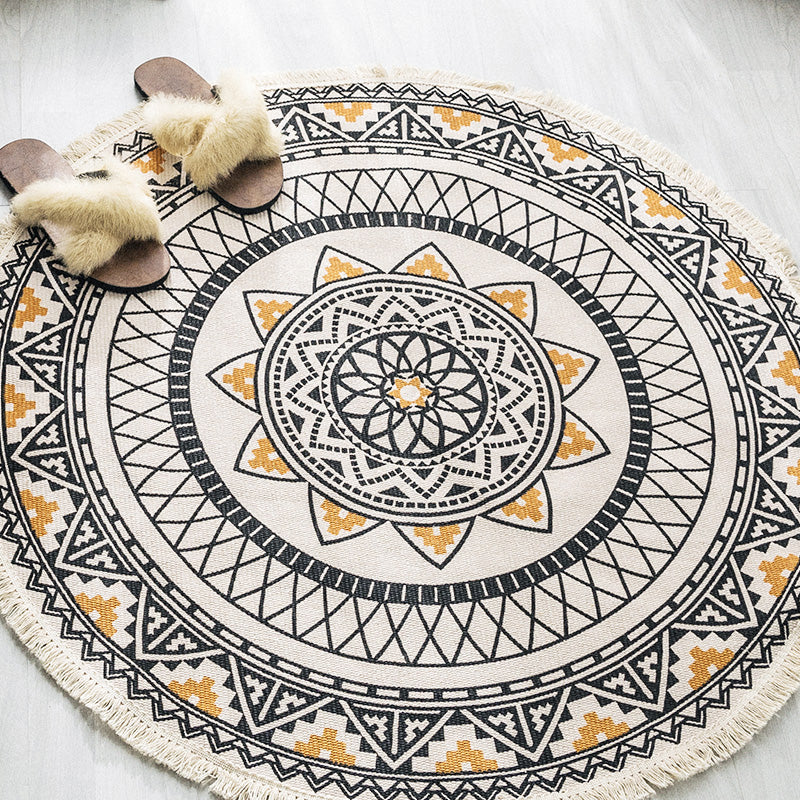 Multicolored tribal patterned rug made of cotton blend, ethnic rug, easy care, handwoven rug with fringes for the bedroom