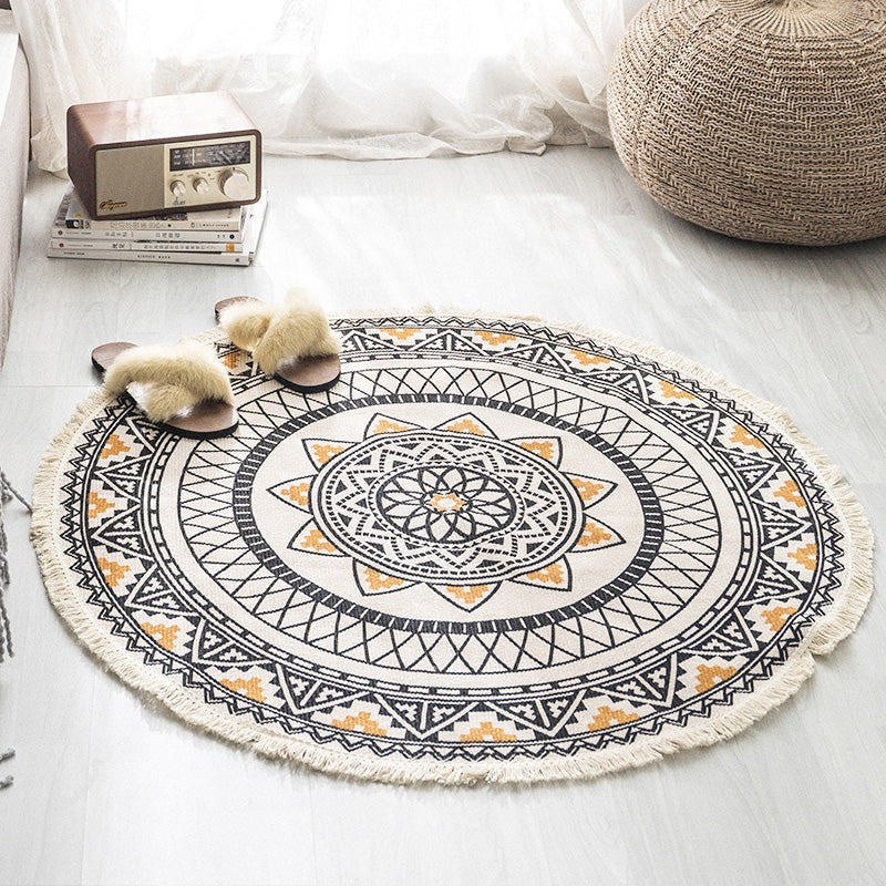 Multicolored, tribal patterned rug made of cotton blend, ethnic rug, easy to care for, hand-woven rug with tassels for the bedroom