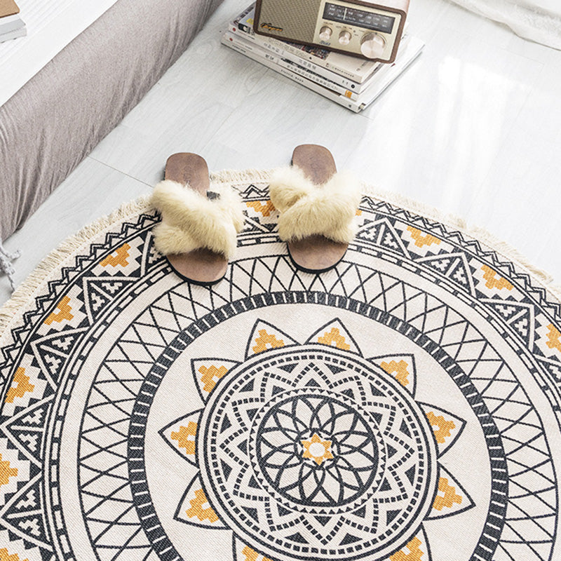 Multicolored tribal patterned rug made of cotton blend, ethnic rug, easy care, handwoven rug with fringes for the bedroom