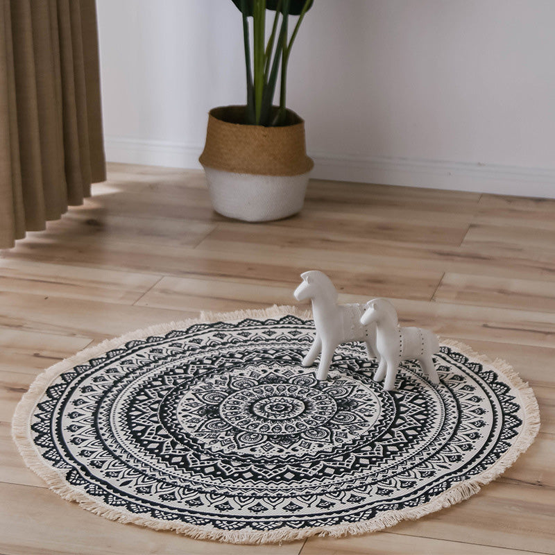 Moroccan Living Room Rug Multicolored Tribal Totem Print Rug Cotton Blend Machine Washable Rug with Fringe