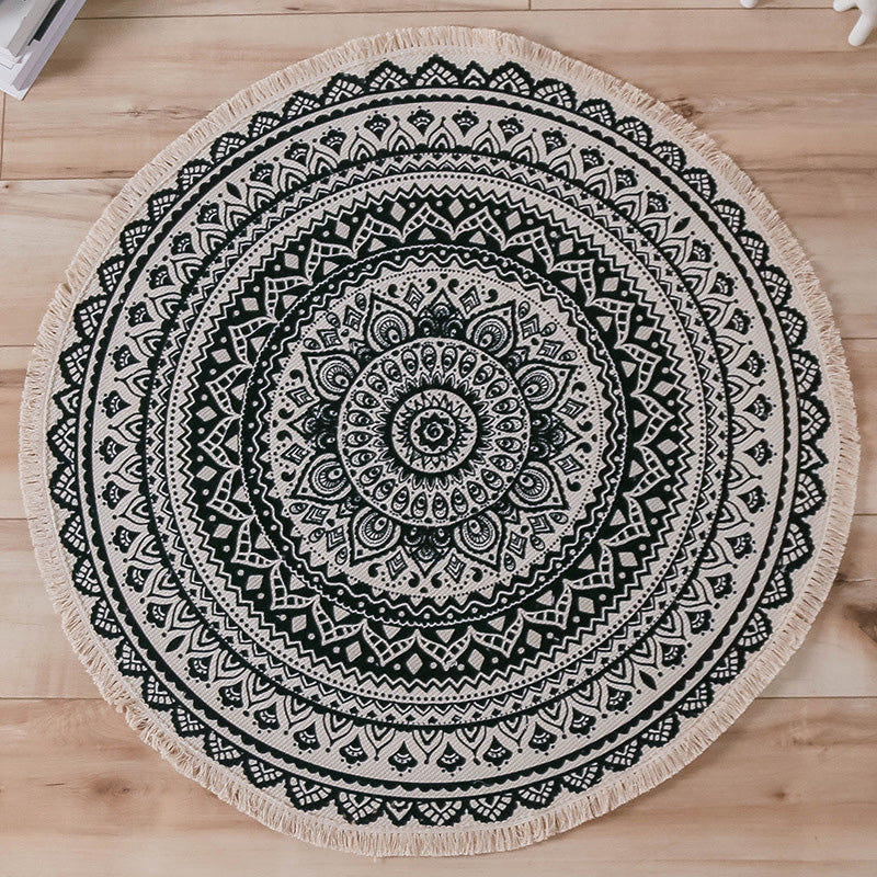 Moroccan Living Room Rug Multicolored Tribal Totem Print Rug Cotton Blend Machine Washable Rug with Fringe