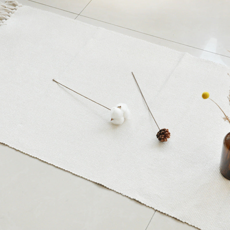 Simple solid color rug white cotton indoor rug handcrafted easy-care rug with fringes for the room