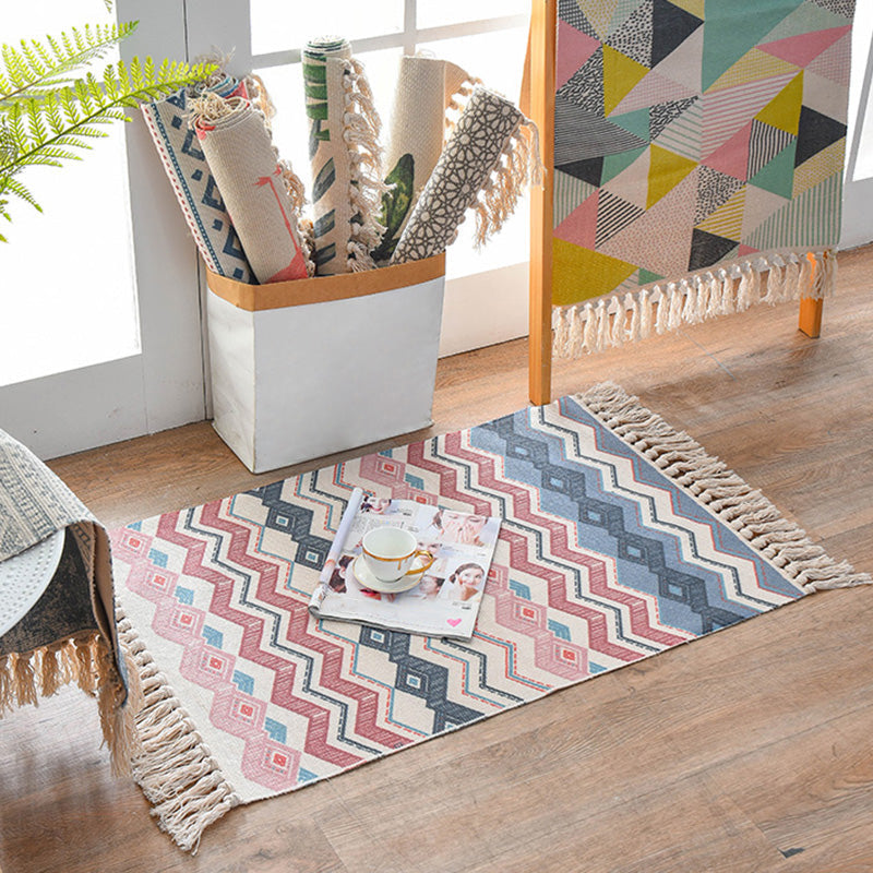 Retro Multi Color Moroccan Carpet Cotton Blend Tribal Symbols Carpet Machine Washable Carpet with Tassels for Room