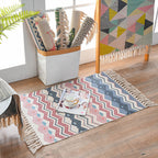 Retro Multi Color Moroccan Carpet Cotton Blend Tribal Symbols Carpet Machine Washable Carpet with Tassels for Room