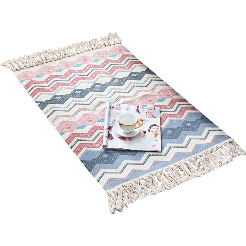 Retro Multi Color Moroccan Carpet Cotton Blend Tribal Symbols Carpet Machine Washable Carpet with Tassels for Room