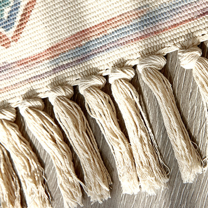Retro Multi Color Moroccan Carpet Cotton Blend Tribal Symbols Carpet Machine Washable Carpet with Tassels for Room