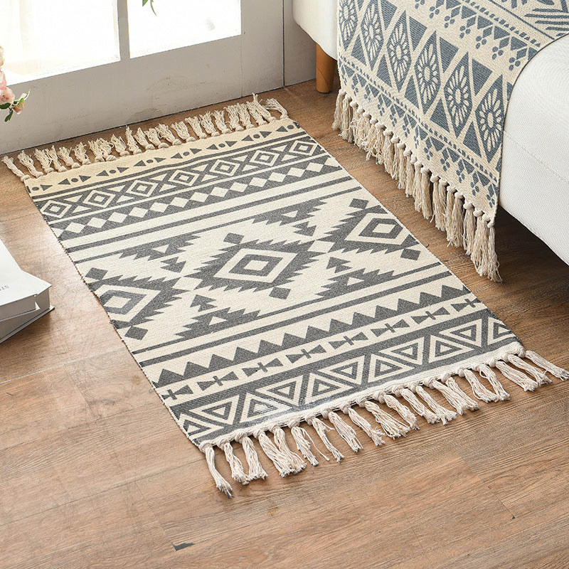 Retro Multi Color Moroccan Carpet Cotton Blend Tribal Symbols Carpet Machine Washable Carpet with Tassels for Room
