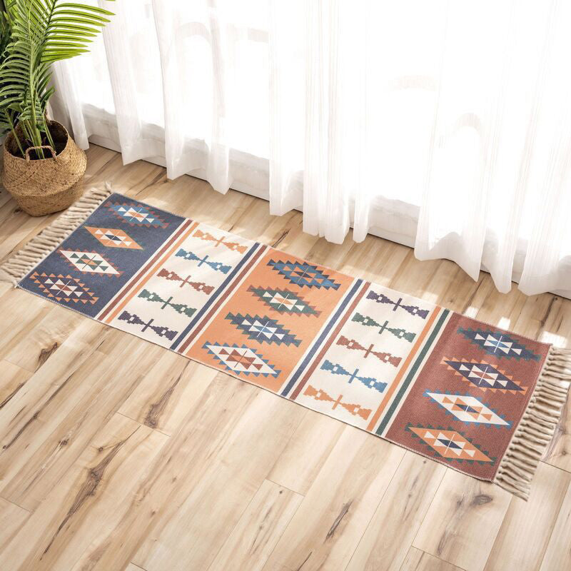 Nostalgia Tribal Pattern Rug Multicolored Synthetic Area Rug Pet-Friendly Easy Care Rug with Fringes for Bedroom