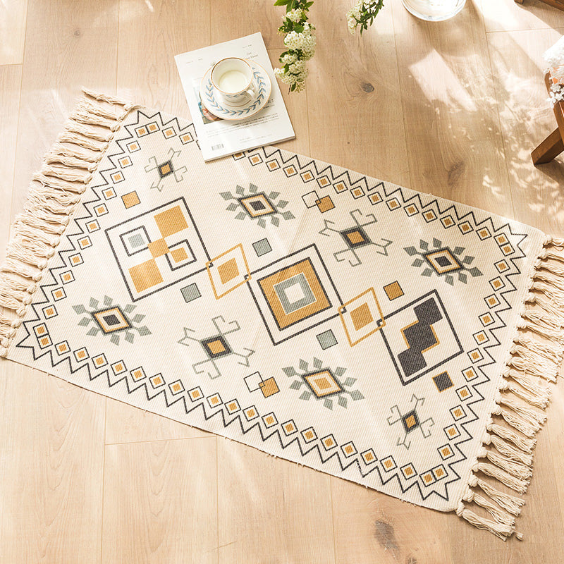 Moroccan Bedroom Rug Multicolored Tribal Symbols Rug Cotton Blend Pet Friendly Eco-Friendly Area Rug with Fringes
