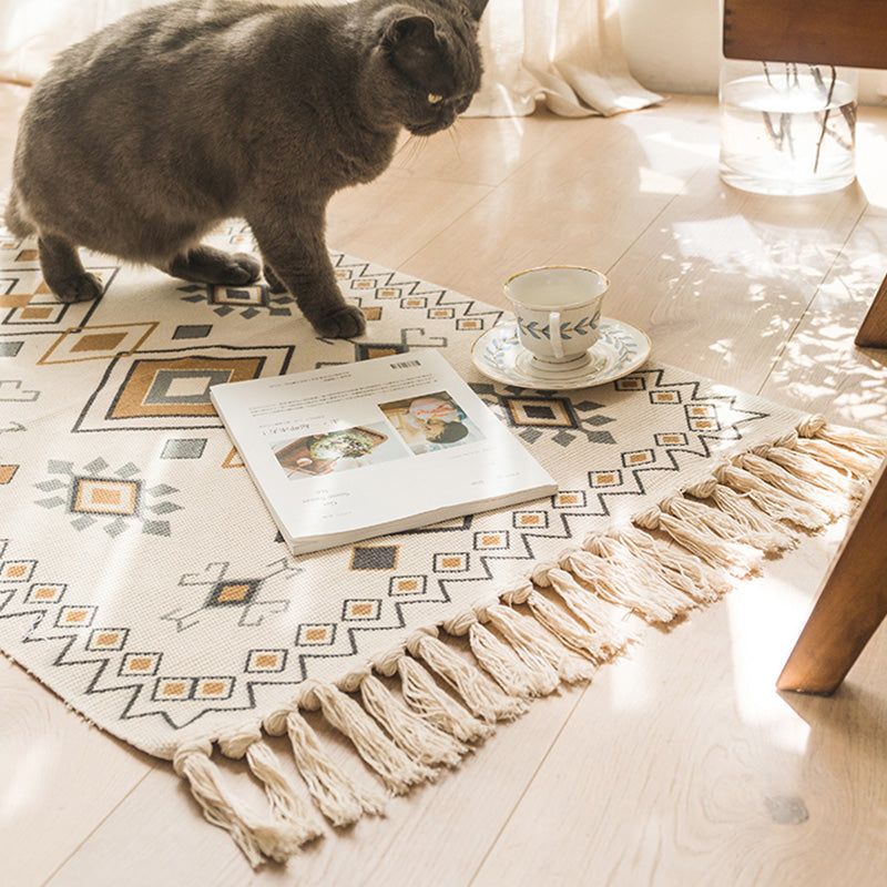 Moroccan Bedroom Rug Multicolored Tribal Symbols Rug Cotton Blend Pet Friendly Eco-Friendly Area Rug with Fringes