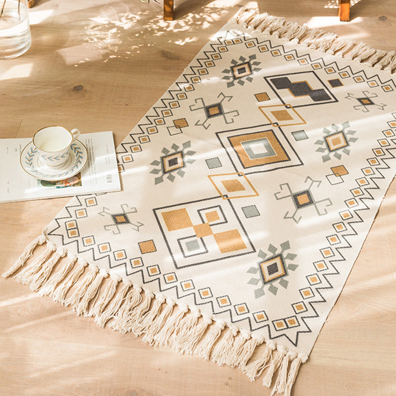 Moroccan Bedroom Rug Multicolored Tribal Symbols Rug Cotton Blend Pet Friendly Eco-Friendly Area Rug with Fringes