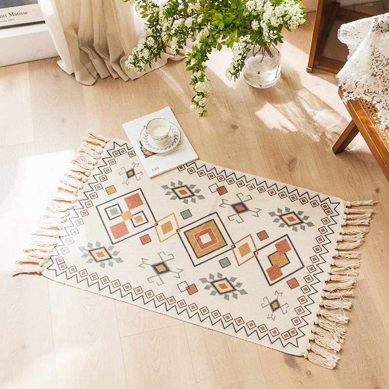 Moroccan Bedroom Rug Multicolored Tribal Symbols Rug Cotton Blend Pet Friendly Eco-Friendly Area Rug with Fringes