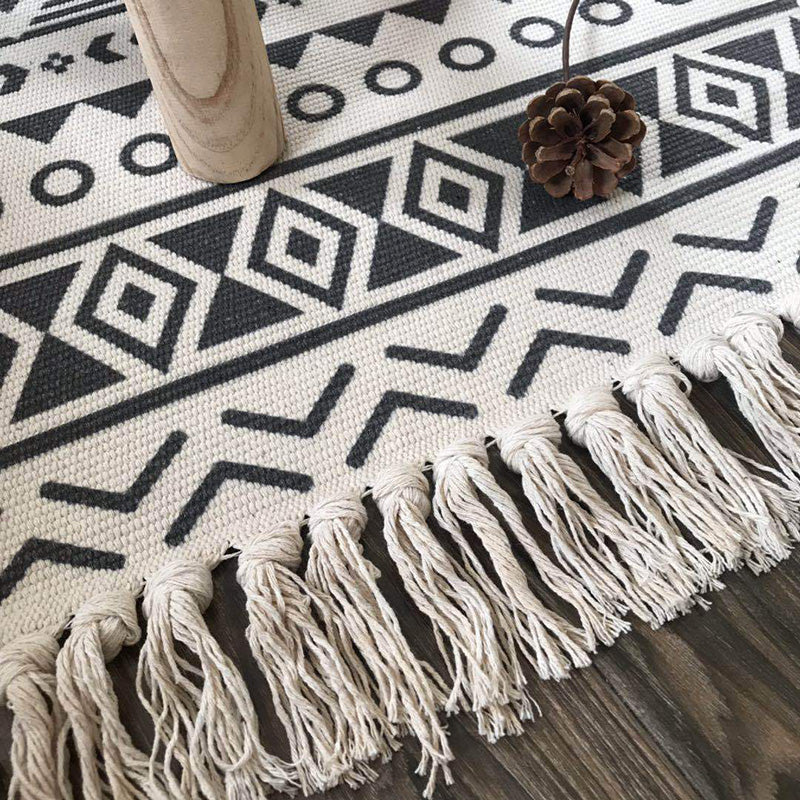 Western Bedroom Rug Multicolored Tribal Geo Rug Cotton Blend Easy Care Washable Area Rug with Fringe