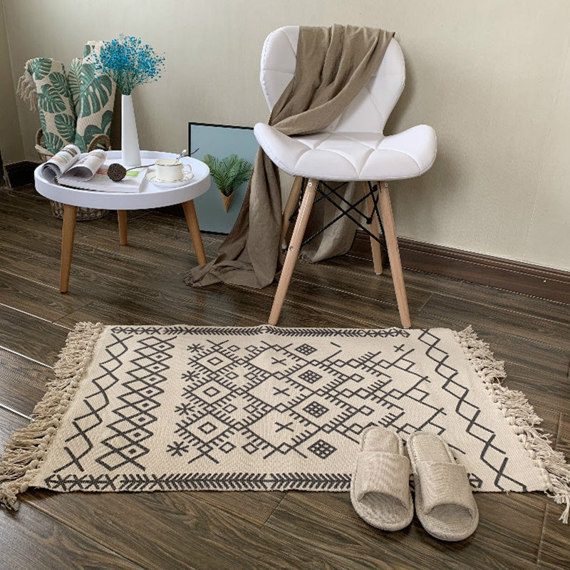 Western Bedroom Rug Multicolored Tribal Geo Rug Cotton Blend Easy Care Washable Area Rug with Fringe