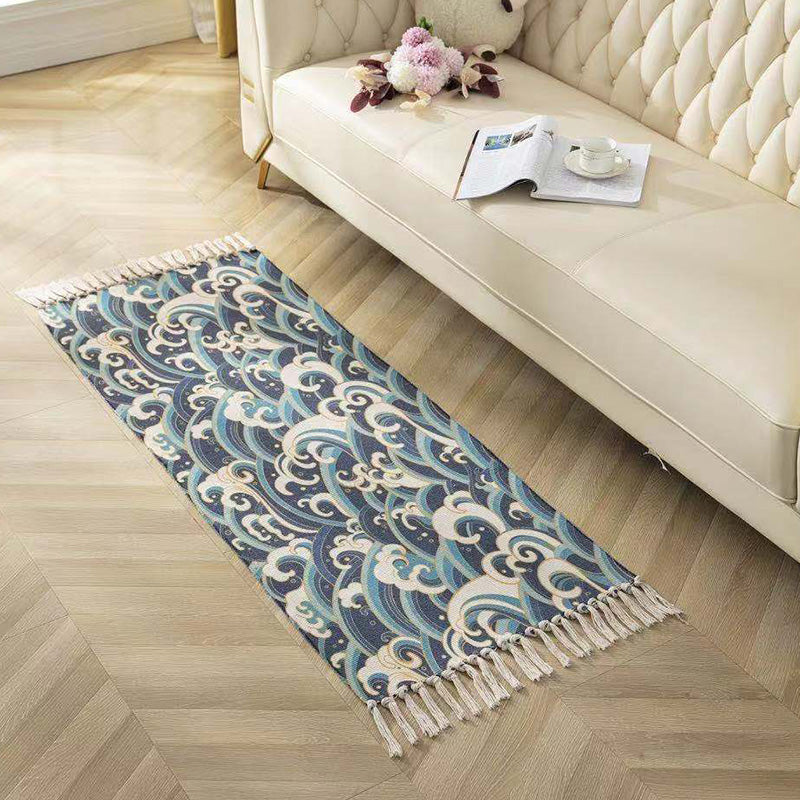 Classic geometric printed rug Multicolored cotton blend rug easy to maintain washable rug with fringes for the bedroom