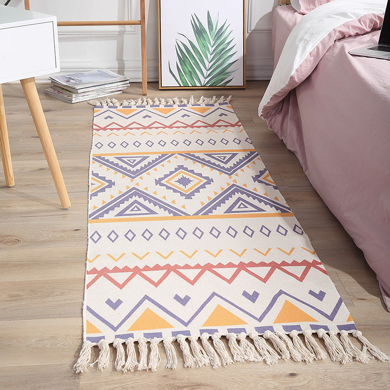 Americana Bedroom Rug Multicolored geometric print area rug machine washable easy care with fringes