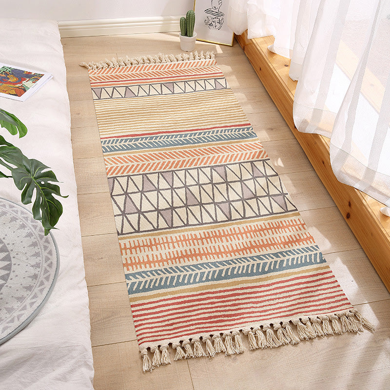 Americana Bedroom Rug Multicolored geometric print area rug machine washable easy care with fringes