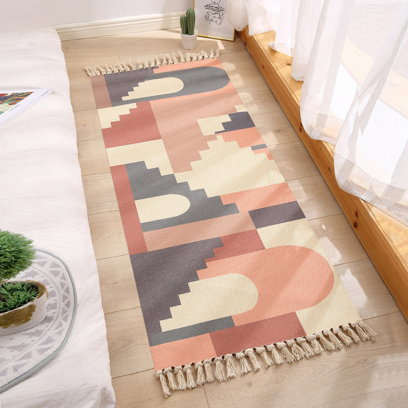 Americana Bedroom Rug Multicolored geometric print area rug machine washable easy care with fringes